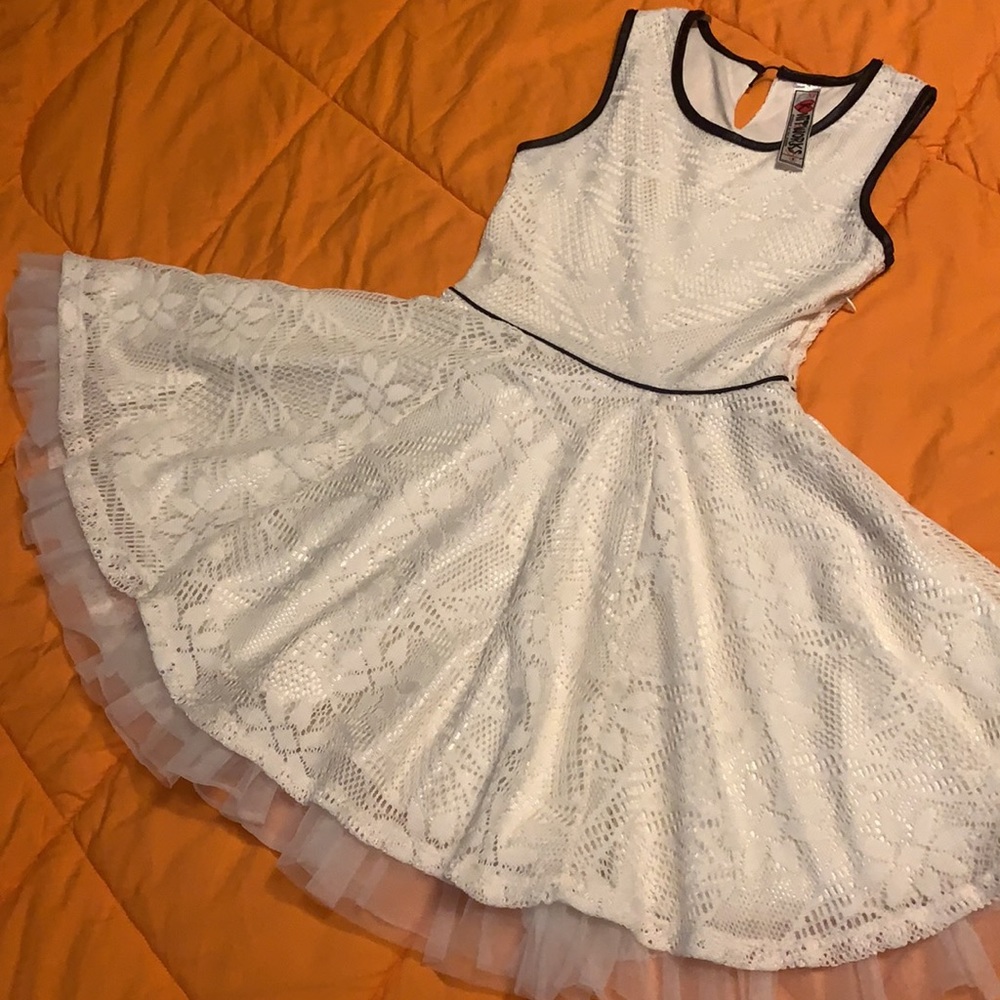 Cream lace tank dress with black details